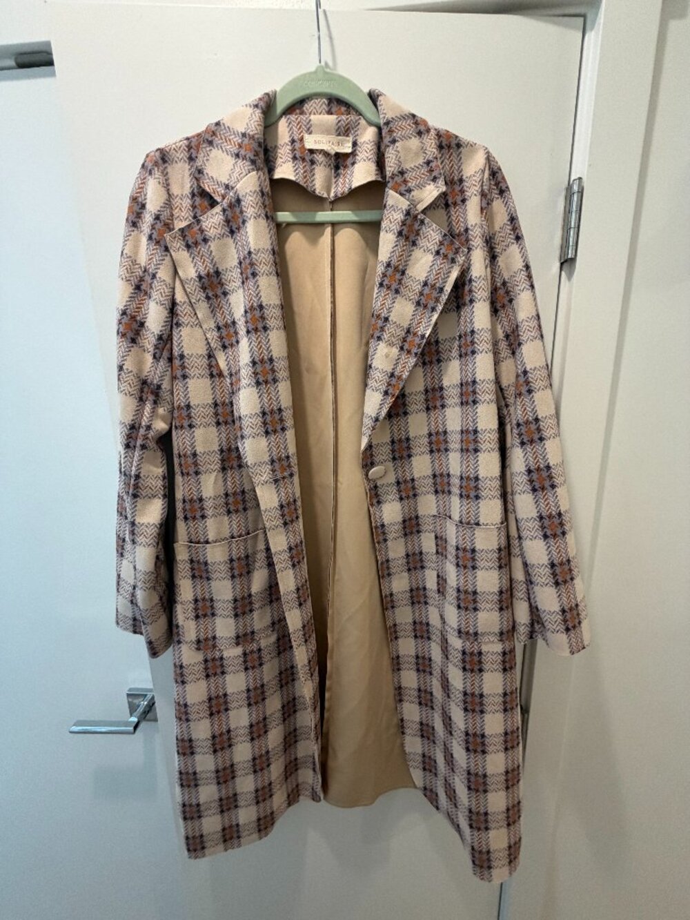 SOLITAIRE Cream & Blue Plaid Longline Duster Jacket Coatigan